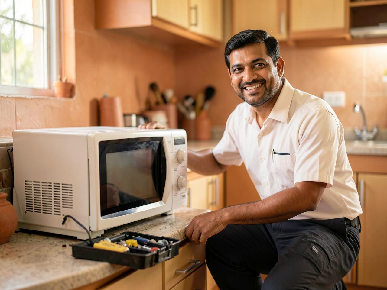 Sri Bhavani technician repairing a microwave oven in a home kitchen